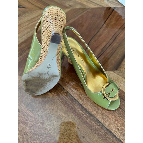 Anne Klein PT Mistral Green and Gold Buckle Peep Toe Wedge Slingback Wicker Heel - Picture 7 of 8